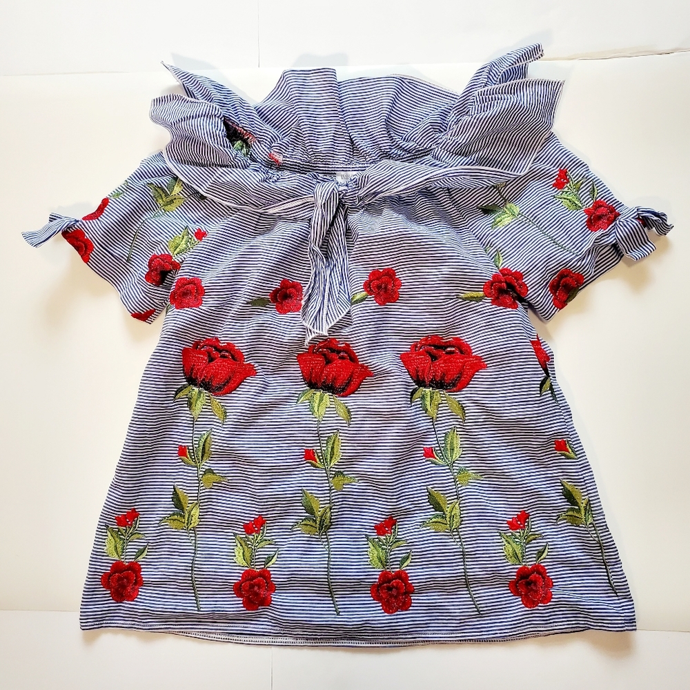 Striped Off-Shoulder Top with Red Floral Embroidery